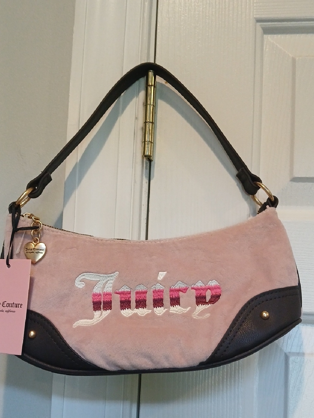 Juicy Couture Pink Velvet Shoulder Bag with Dark Brown Trim & Logo NWT NEW
